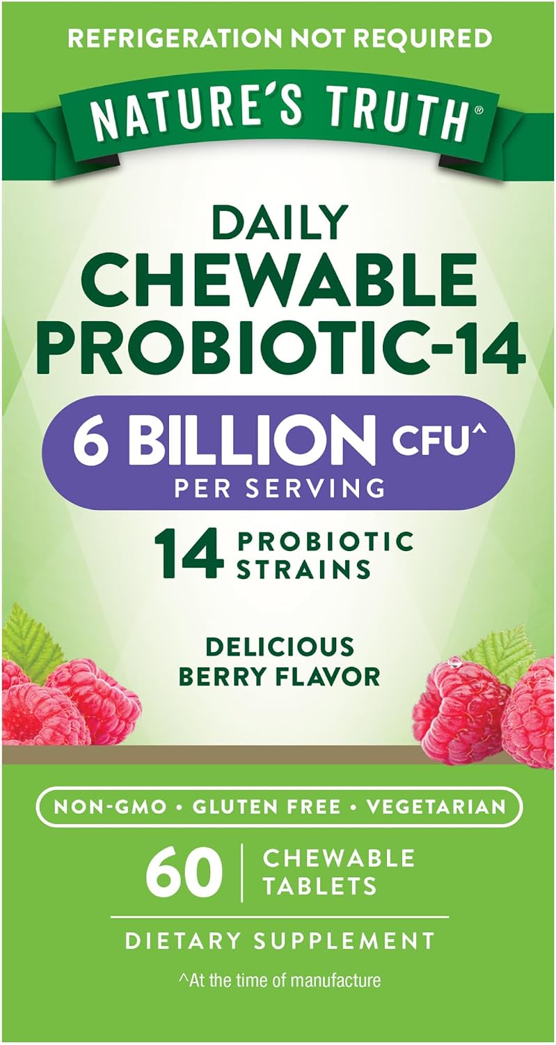 Nature's Truth Probiotic Chewable for Men and Women | 6 Billion CFU | 60 Count | 14 Strains | Berry Flavor | Vegetarian, Non-GMO & Gluten Free