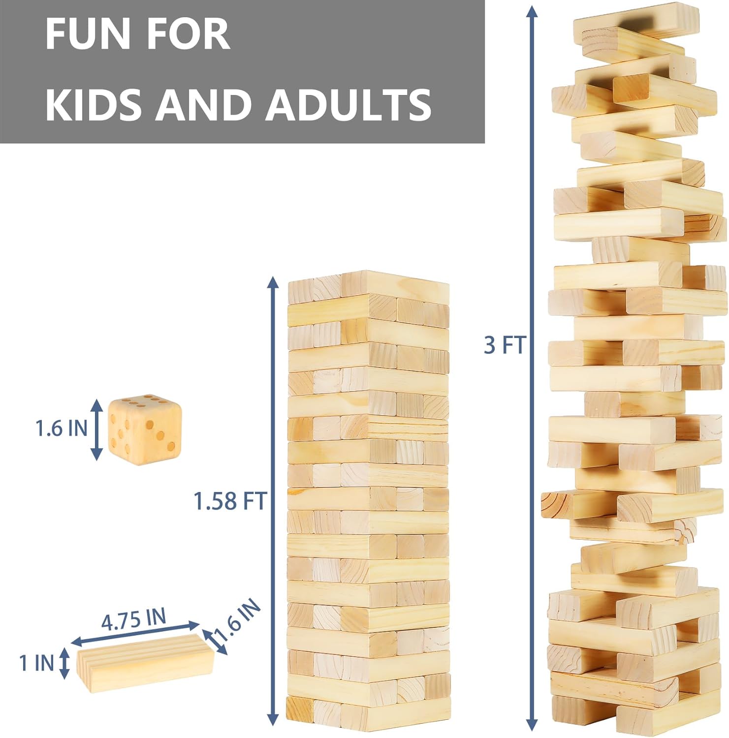 Megwoz Giant Tumble Tower Games for Kids and Adults 57 Blocks New Zealand Pine Wooden Blocks Stacking to Over 4.2FT Family Game for Indoors Outdoors