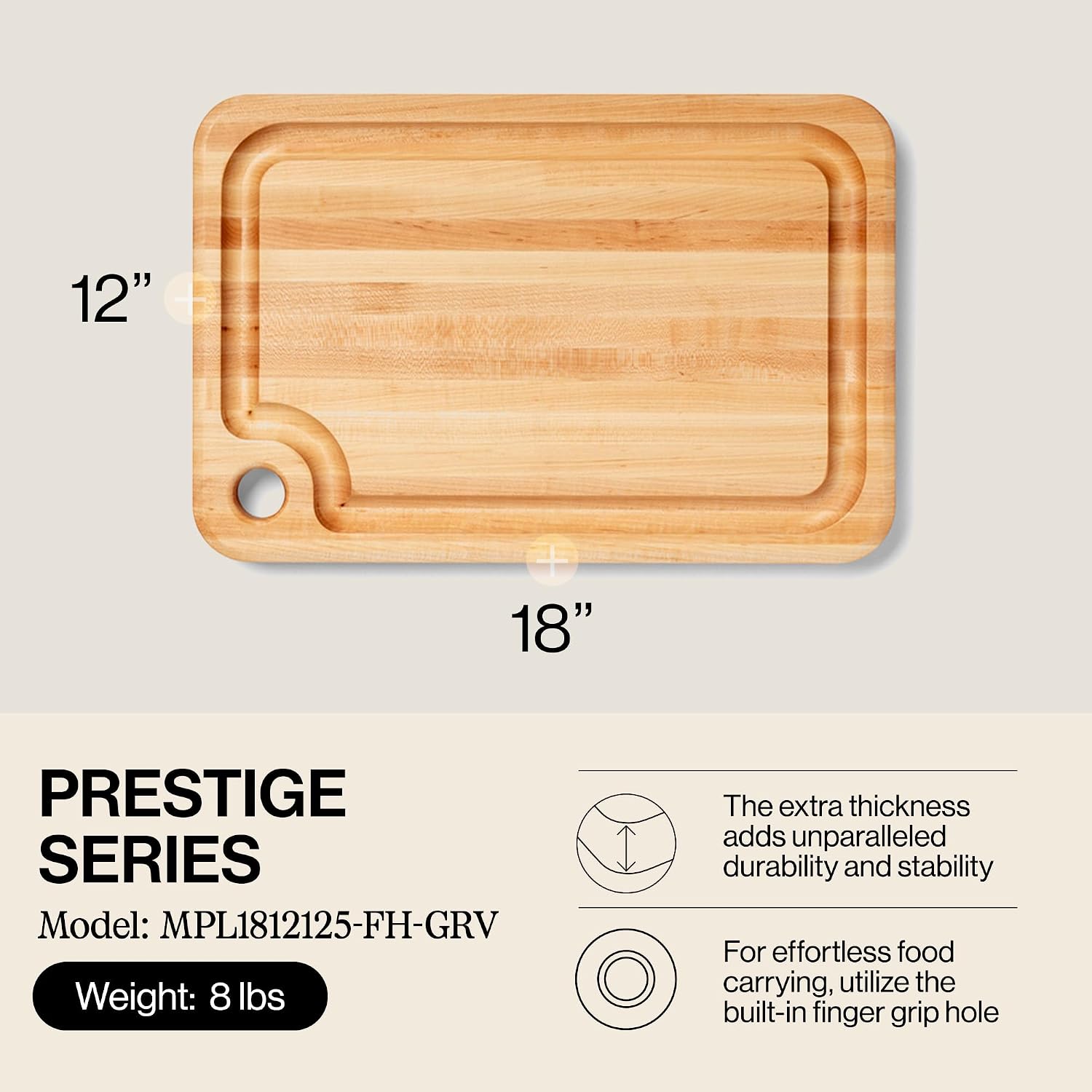 John Boos Prestige Series Rectangular Wooden Maple Cutting Board 16”x10” – 1.25” Thick, 6-lb Reversible Butcher Block with Juice Groove, Edge-Grain & Finger Grip Hole – Made in the USA | 1.25” Thick, 6-lb Butcher Block with Juice Groove, Edge-Grain & Fin…