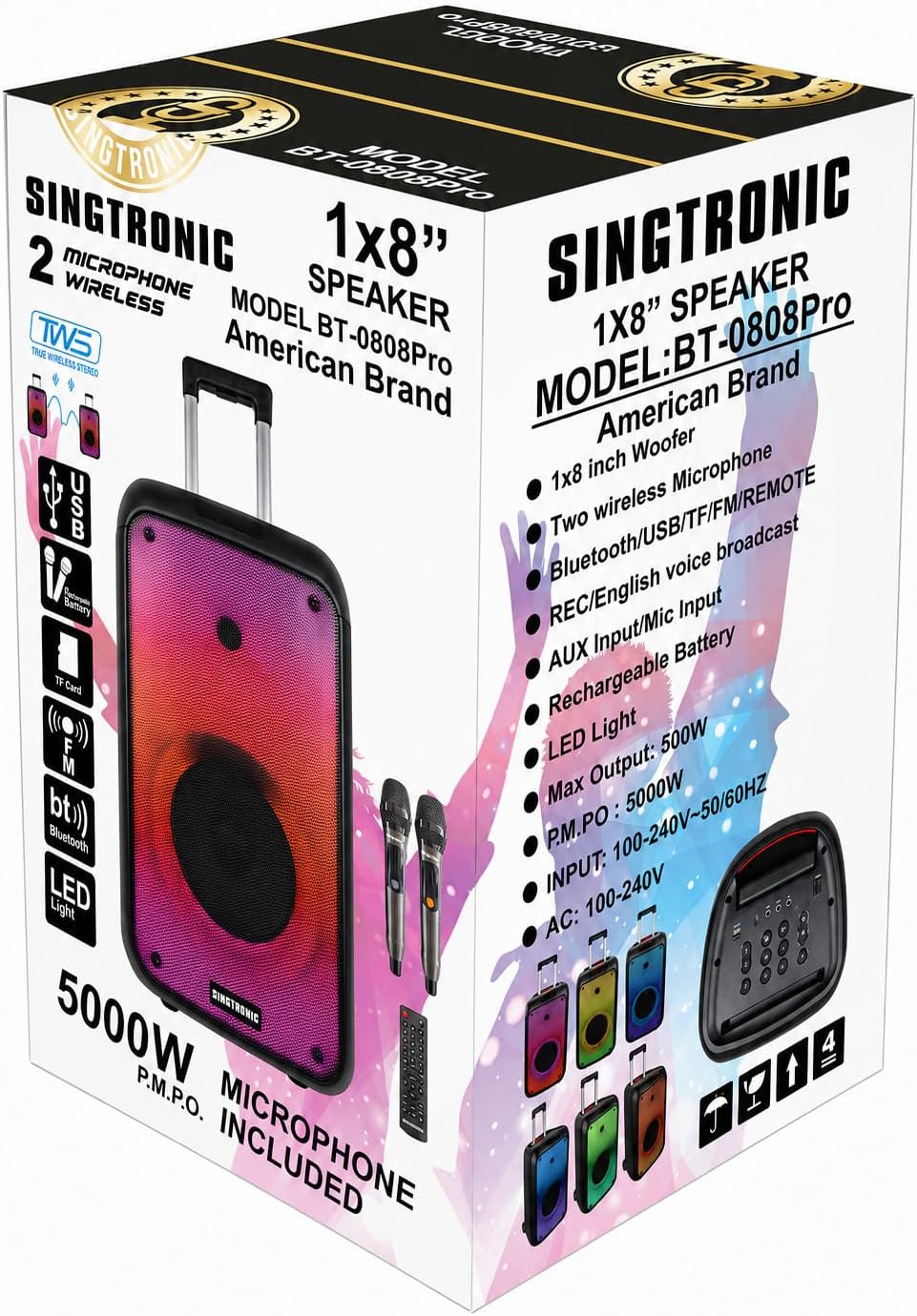 BT-0808Pro Portable 500W All in One Karaoke System, Free: 2 x Professionial Microphones