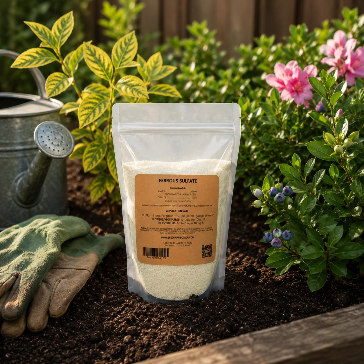 Greenway Biotech Ferrous Sulfate 20% Iron Fe Fertilizer, Water Soluble Plant Food with Sulfur for Lawns Trees Shrubs Vegetables and Acid-Loving Plants, Powder Soil Amendment 1 LB