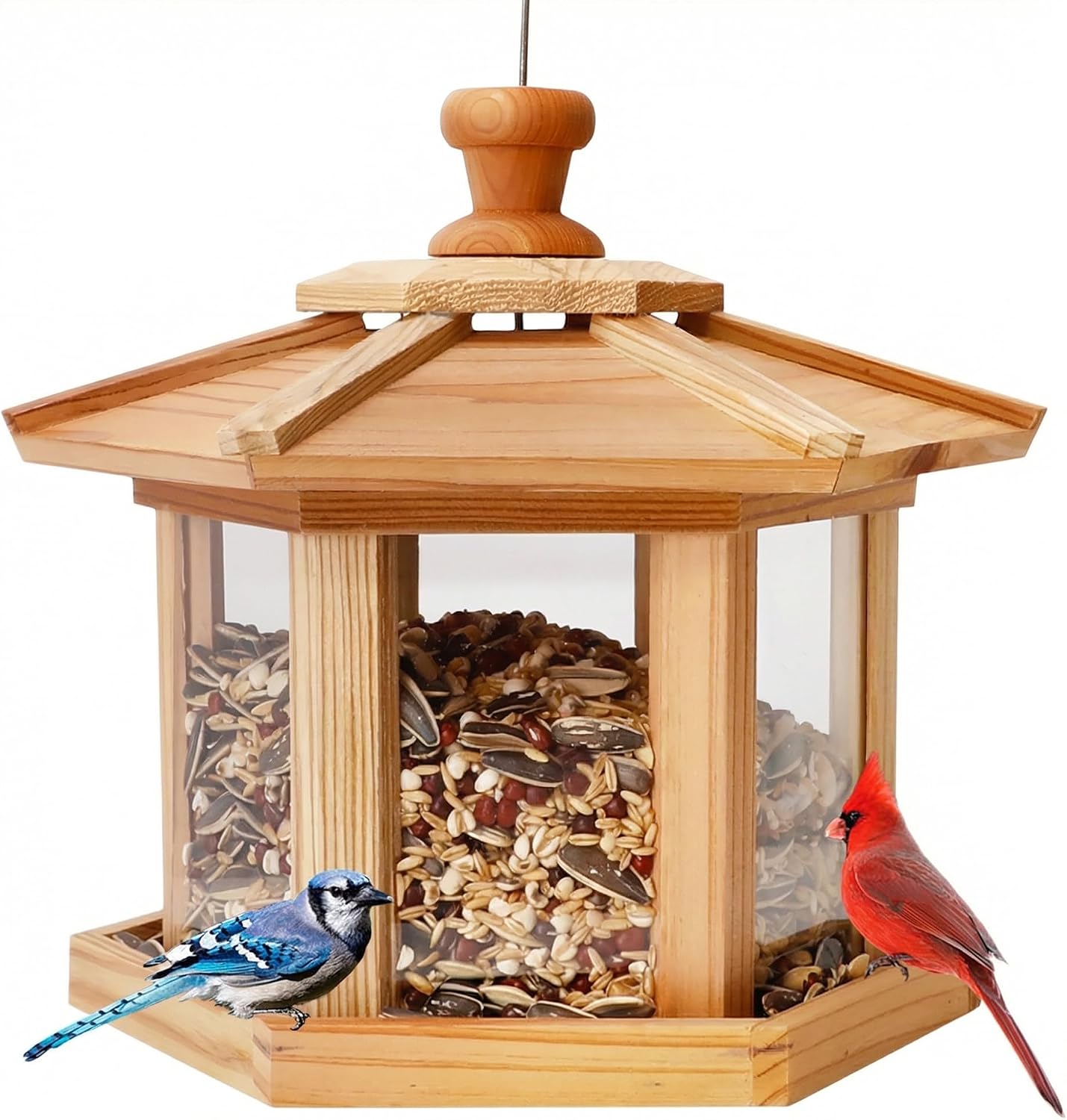 Solution4Patio US Cedar Hopper Bird Feeder for Outdoors Hanging, Handcrafted Wood Double Suet Cage & Clear View Windows, Squirrel-Proof Wild Bird Feeder for Cardinals, Finches, Chickadees