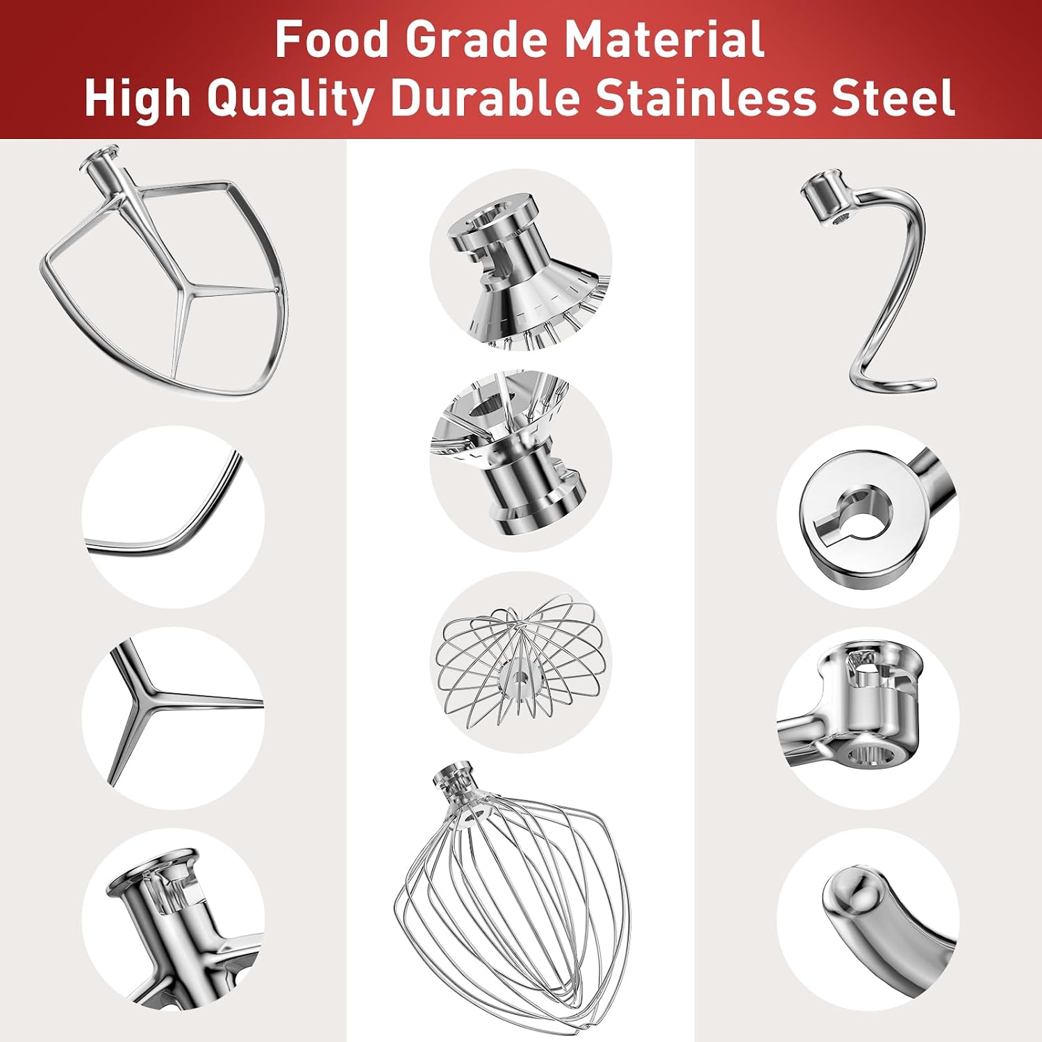 Stainless Steel Stand Mixer Attachments 3-Piece (4.5-5QT Flat Beater, 4.5-5QT Dough Hook, K45WW 6-Wire Whip Attachment) for KitchenAid Tilt-Head Stand Mixer and 4.5-5 Quart Bowl, Dishwasher Safe