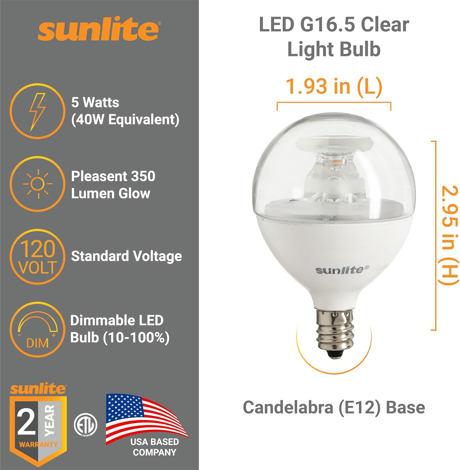Sunlite G16.5 Light Bulb LED, 5W (40W Equiv.), 350 Lumens, Dimmable, Type G Globe Shape E12 Candelabra Base, Short Bulbs, Vanity Mirror Bulbs, 2700K Soft White, Frosted, 6 Count