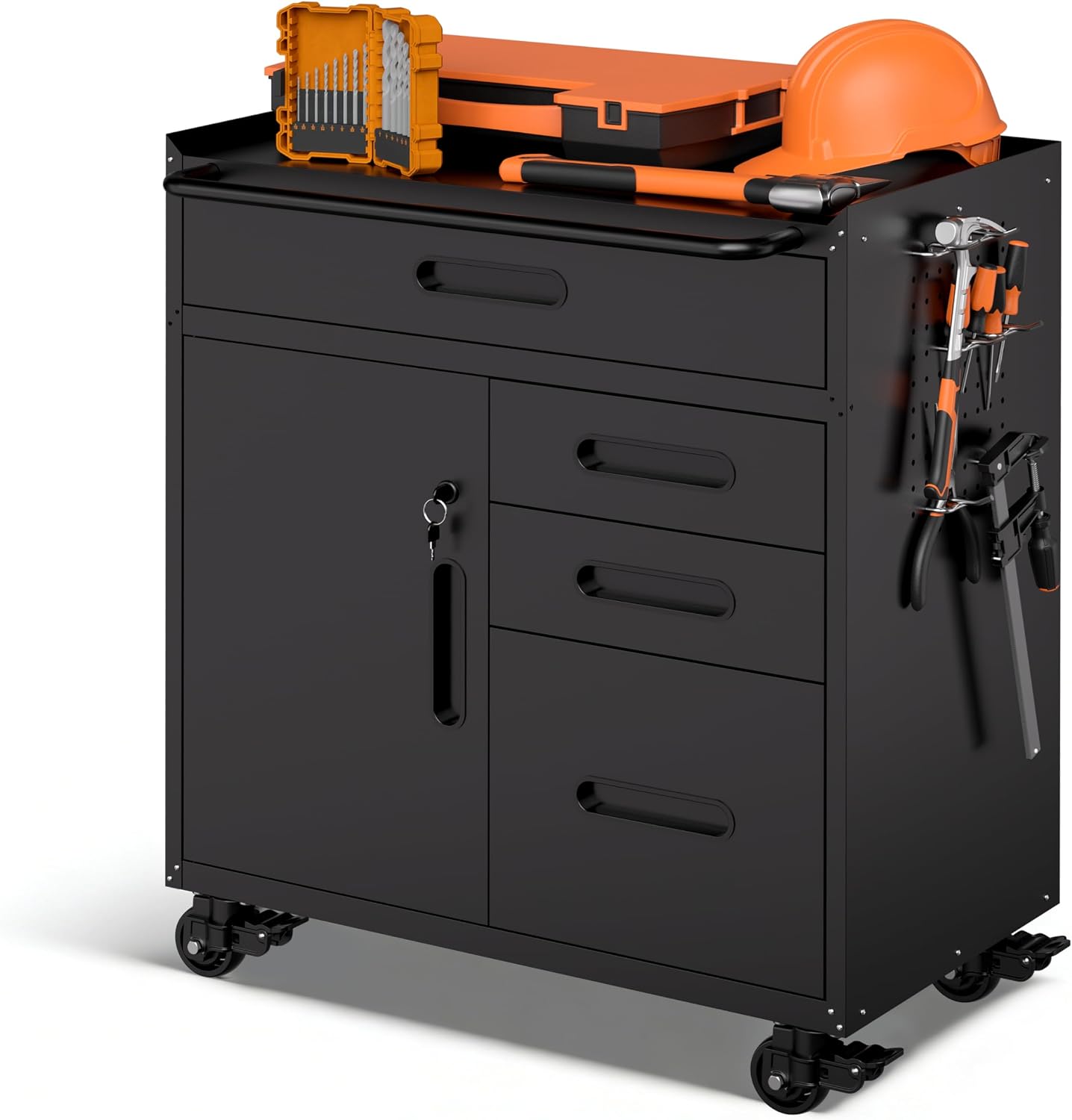 Garage Cabinets,Metal Garage Storage Cabinet with Wheels,Black Lockable Rolling Tool Cabinet with Drawer and Adjustable Shelves,Heavy Duty Tool Chest for Home Office Utility Room