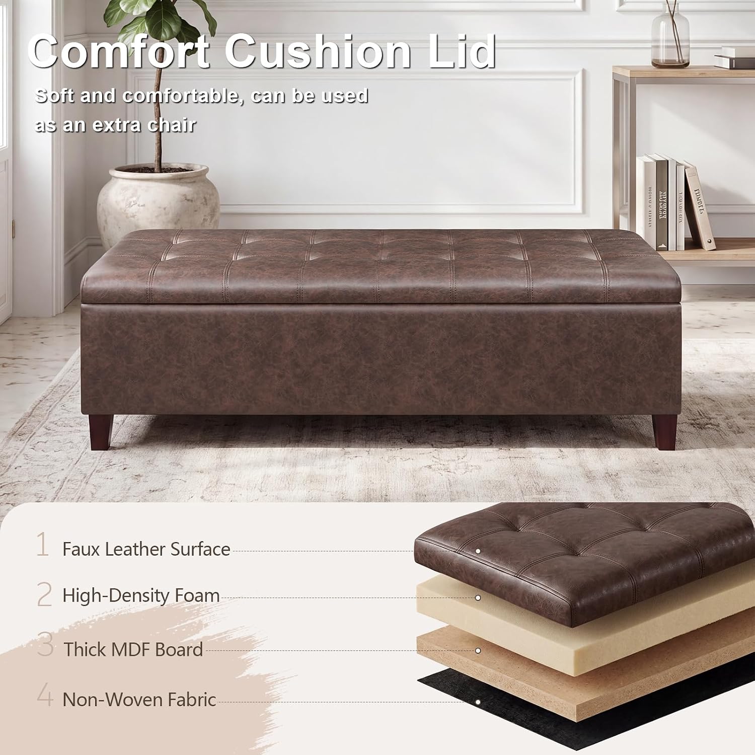 51 Inch Storage Bench,Leather Tufted Storage Ottoman with Legs | Safety Hinges,Wooden Legs,Upholstered,End of Bed,Bedroom,Living Room,Entryway,330LBS,Brown