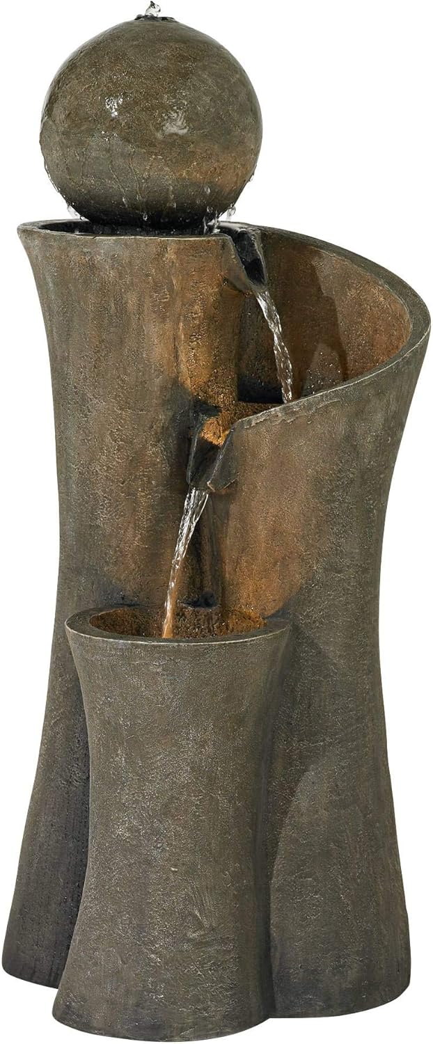 Modern Sphere Curve Cascading 39 1/2" Large LED Outdoor Indoor Fountain | Zen Decor Faux Stone Floor with Light Waterfall Water Feature for Outside