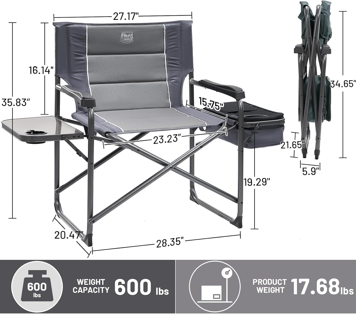 Timber Ridge XXL Oversized Directors Chair 600lbs - Heavy Duty Camping Chair with Cooler Bag & Table, Portable Folding Chair with Wide Seat for Tailgating, Patio, Outdoor - Grey