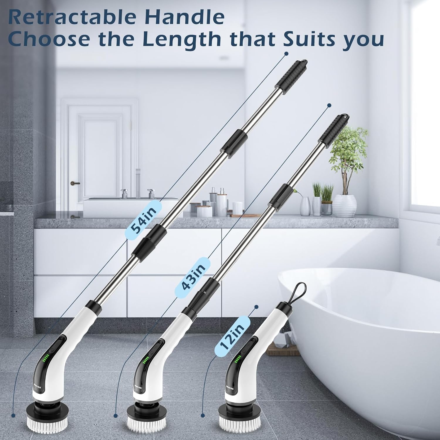 Electric Spin Scrubber, Power Shower Cleaning Brush with Long Handle | Cordless Cleaning Scrubber, 7 Replaceable Brush Heads, 90Mins Work Time