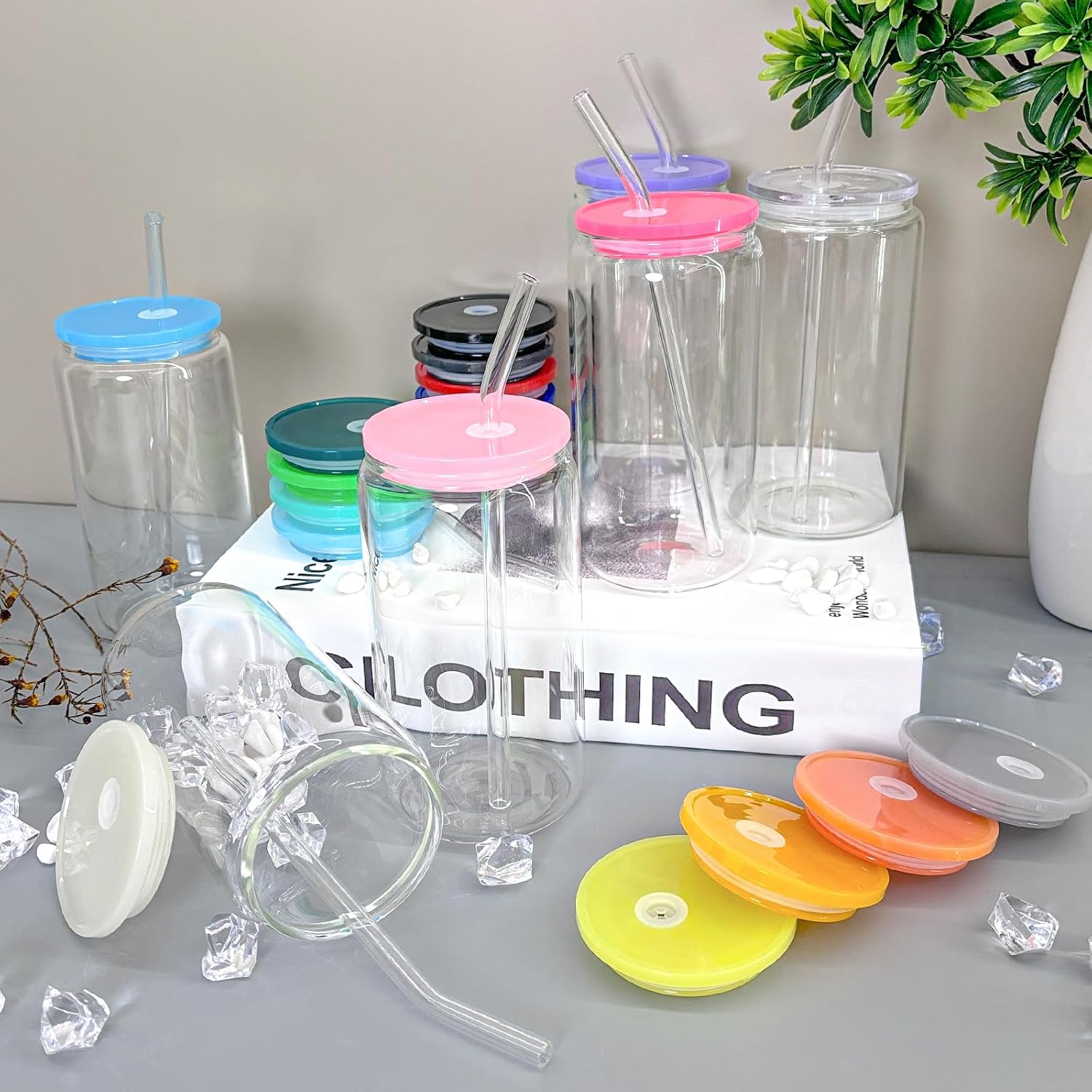 WHEATHUSK 20 Pack Glass Cups with Acrylic Lids and Glass Straws 16oz Iced Coffee Cups Clear Glass Tumbler Can Shaped Drinking Glasses