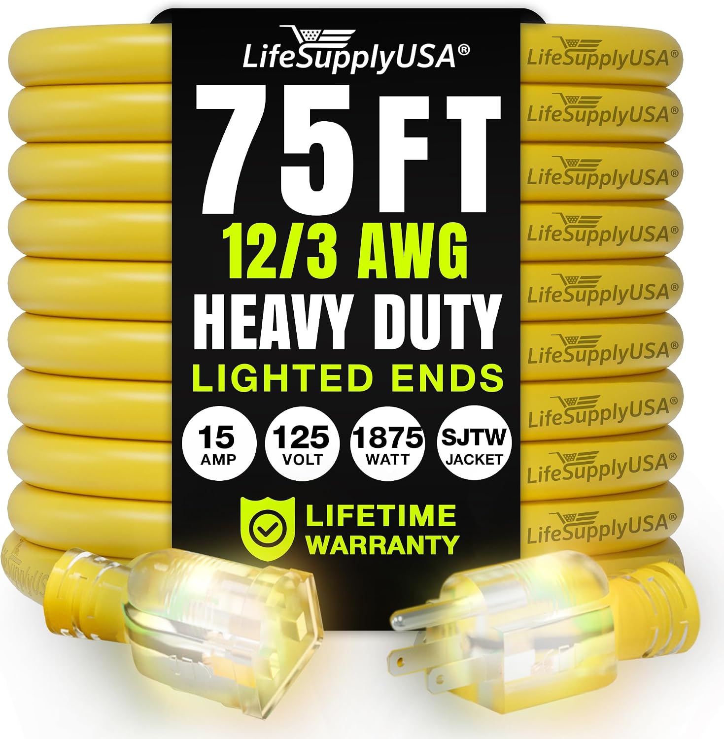 25ft Outdoor/Indoor Extension Cord 12/3 Gauge Extra Heavy Duty 3 Prong SJTW, Waterproof, Flexible Cold-Resistant Long Power Cord,15A 125V 1875W, Yellow by LifeSupplyUSA