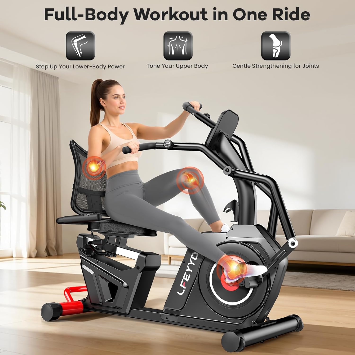 Recumbent Exercise Bike for Home, Stationary Bike with Arm Exerciser | 16-Level Magnetic Resistance, 450LBS Capacity, Bluetooth App, LCD Monitor