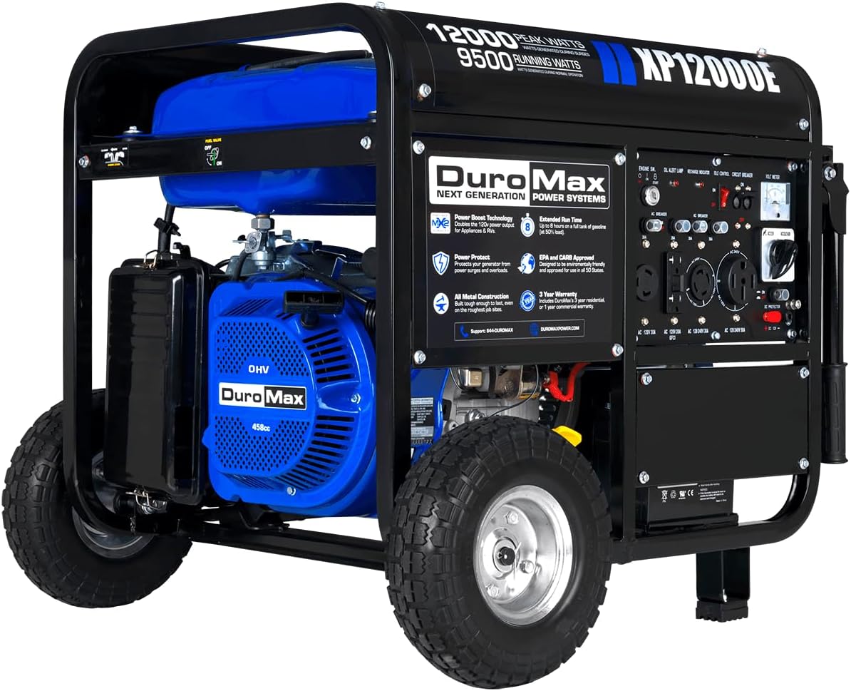 DuroMax XP12000EH 12,000-Watt Dual Fuel Portable Generator – Gas & Propane, Electric Start, Whole Home Backup Power, Transfer Switch Ready, RV & Emergency Ready