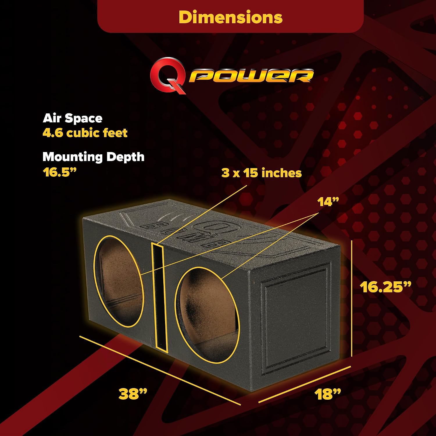 Q Power Q Bomb Series 15" Dual Ported SubwooferSpeaker Enclosure | Vented Sub Box Chamber Design with Black Bed Liner Spray Finish, Car Audio Sound System Accessory