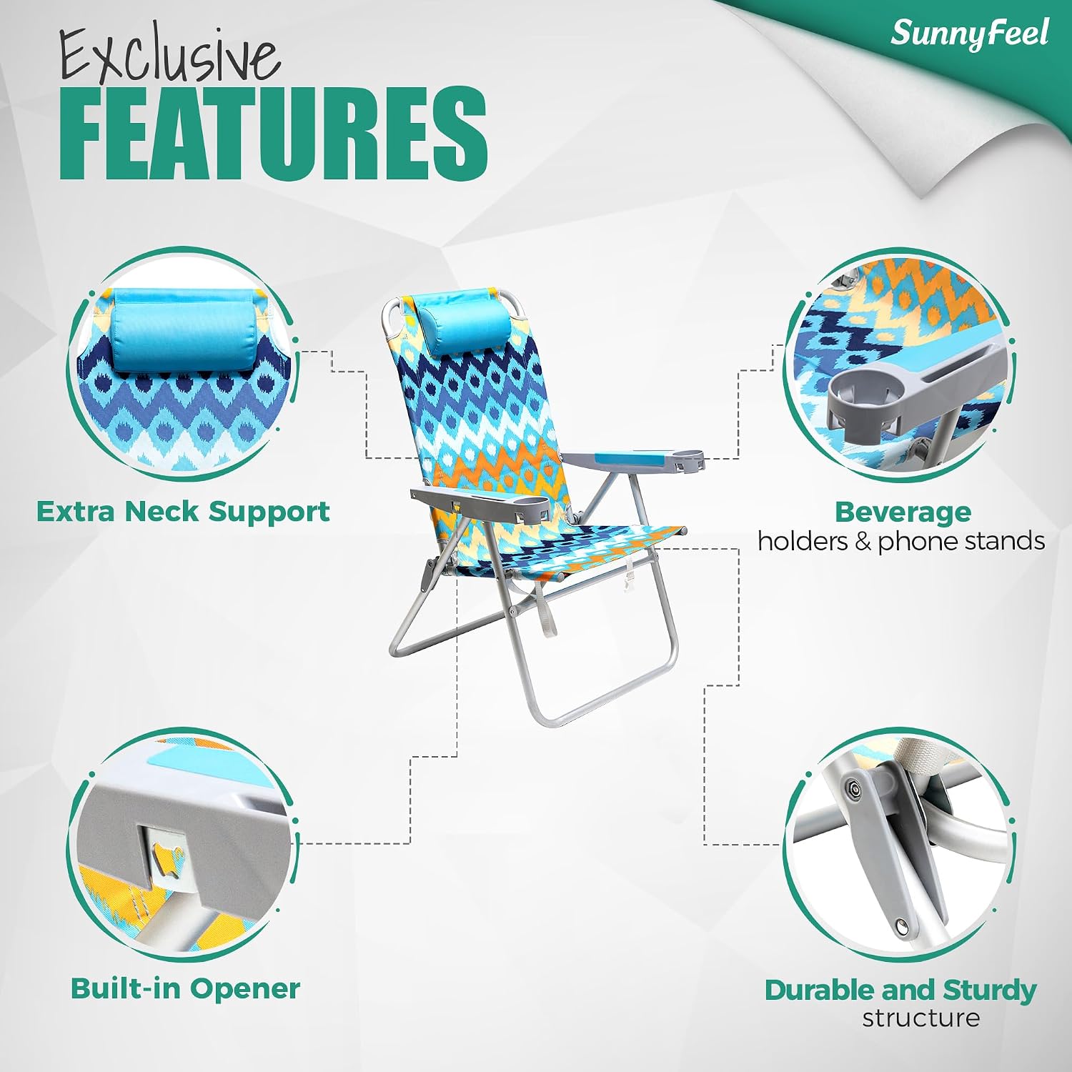SUNNYFEEL Oversized Tall Folding Beach Chair Lightweight, 17" Portable Sand Chair for Adults Heavy Duty 500 LBS with Cup Holders