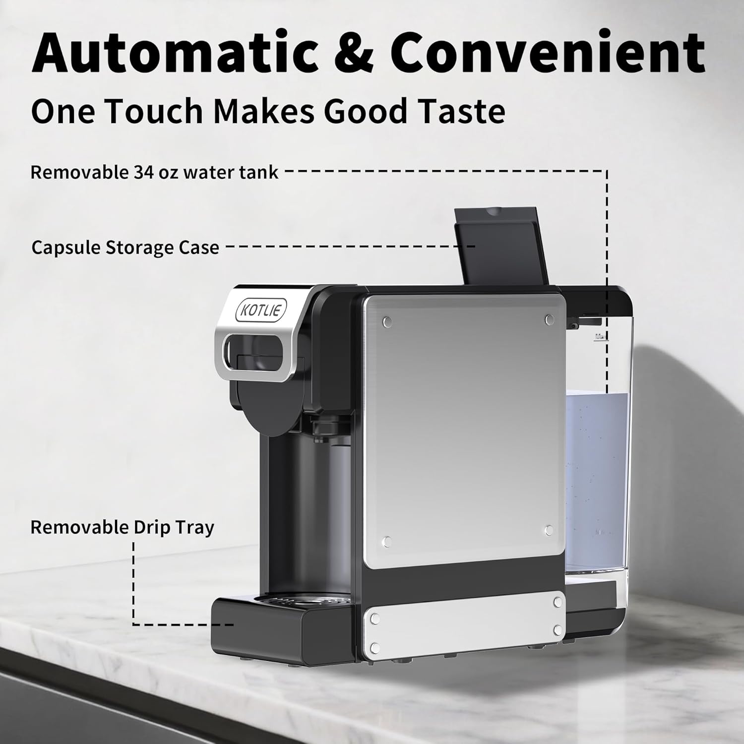 KOTLIE 4-in-1 Espresso Capsule Coffee Machine, Single Serve Coffee Maker for K*cup/Nes/DG/Ground Coffee, 19Bar, 1L,ST-550(silver)