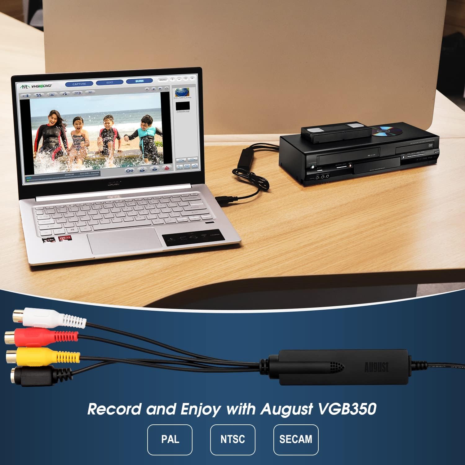 VHS to Digital Video Capture - August VGB350 - External USB Video Capture Card Video VCR to DVD Converter Transfer VHS Home Videos to PC Audio