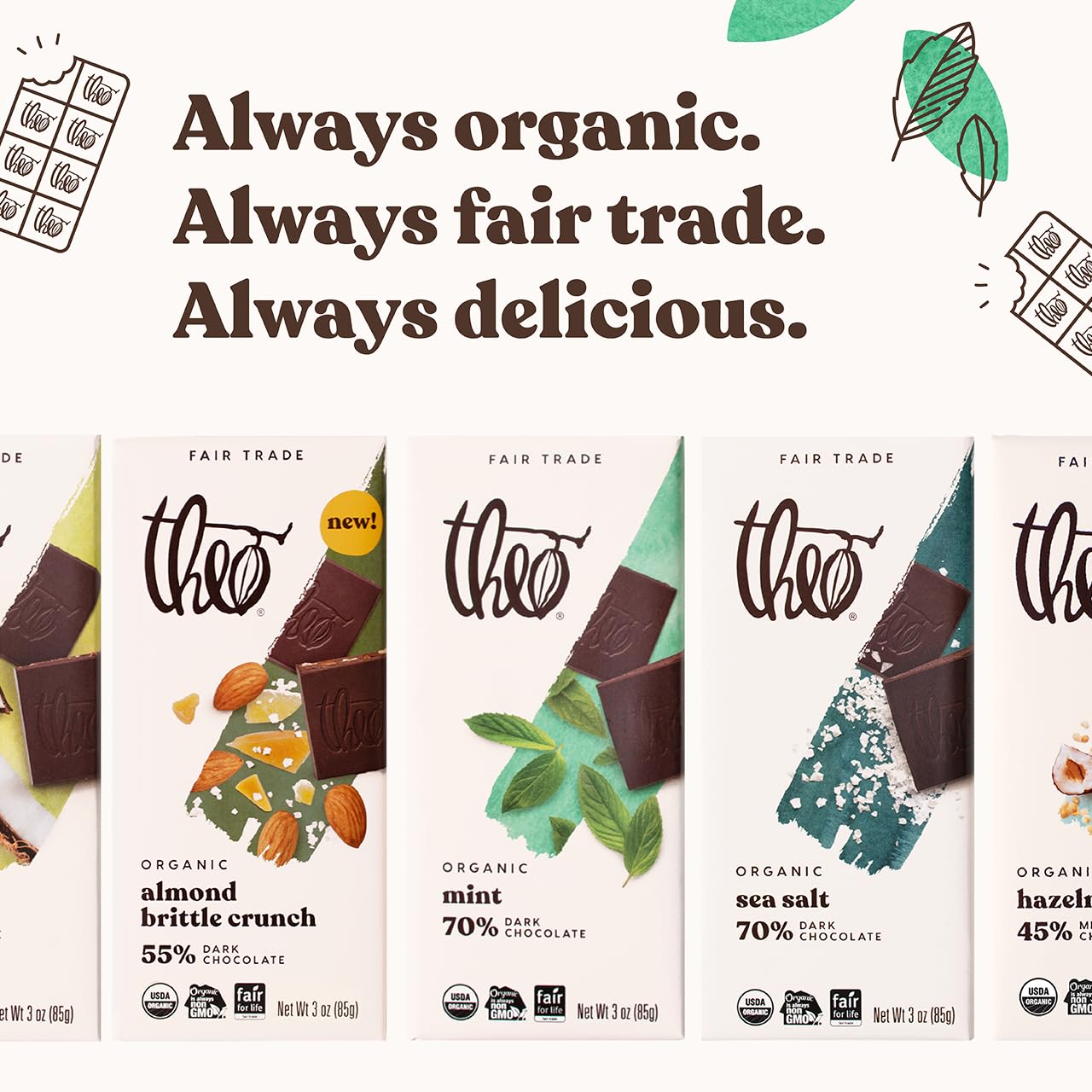 Theo Mint Organic Dark Chocolate Bar, 70% Cacao, 1 Bar | Vegan, Fair Trade