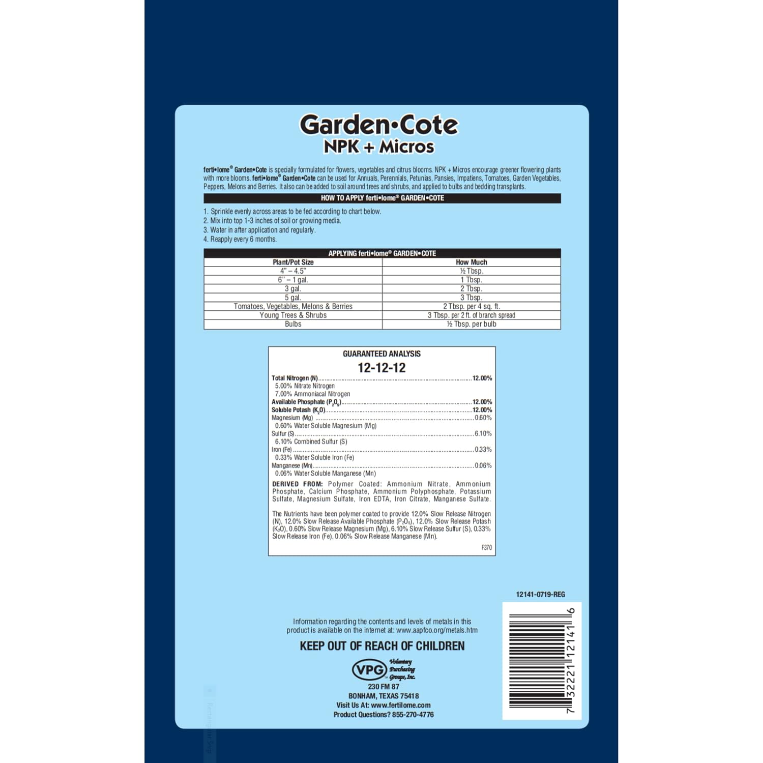 Fertilome (12141) Garden Cote Fertilizer 12-12-12 Slow Release, 4.5 lb