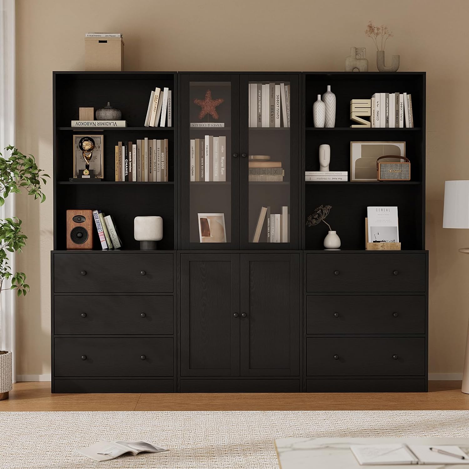 TUSY 71" H Bookcase with Storage | 6-Tier Modern Bookshelf with Drawers, Display Bookcase with Glass Doors, White Curio Cabinet for Home Office, Living Room