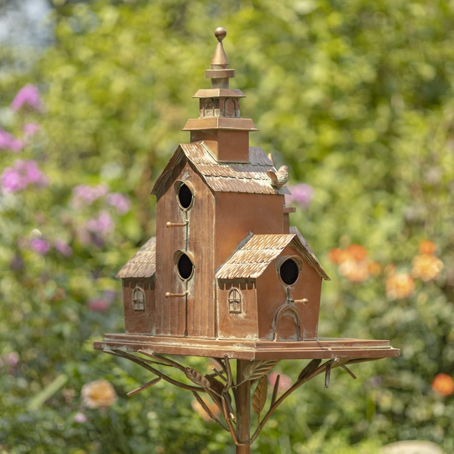 Large Copper Colored Multi-Birdhouse Stakes, Room for 4 Bird Families in Each (Cube Homes with Pyramid Roofs)