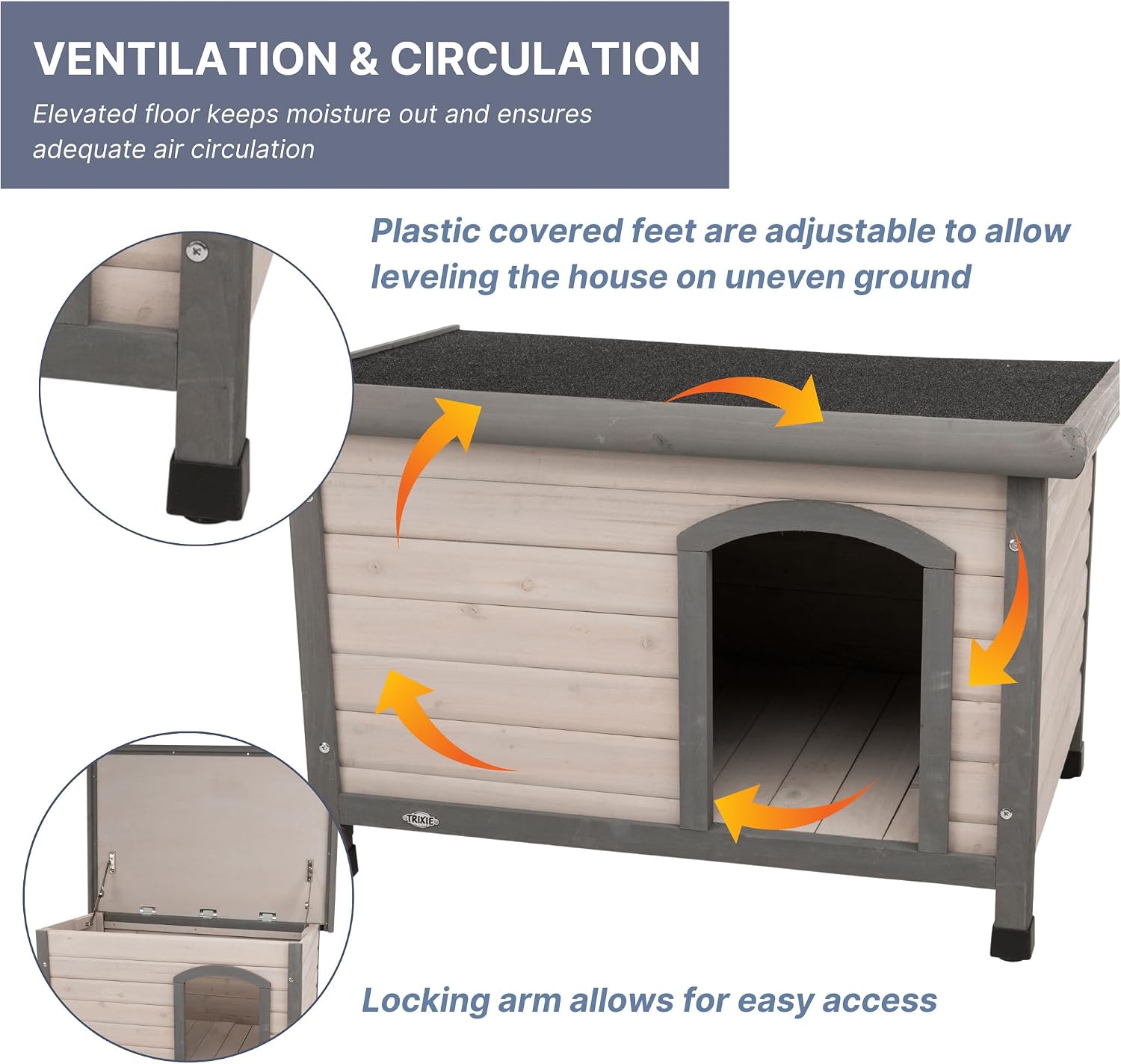 Trixie Natura Classic Dog House - Wooden Outdoor Shelter with Weatherproof Sealer, Hinged Roof & Adjustable Legs for Medium Dogs - Gray - 27 x 41 x 28.5 in