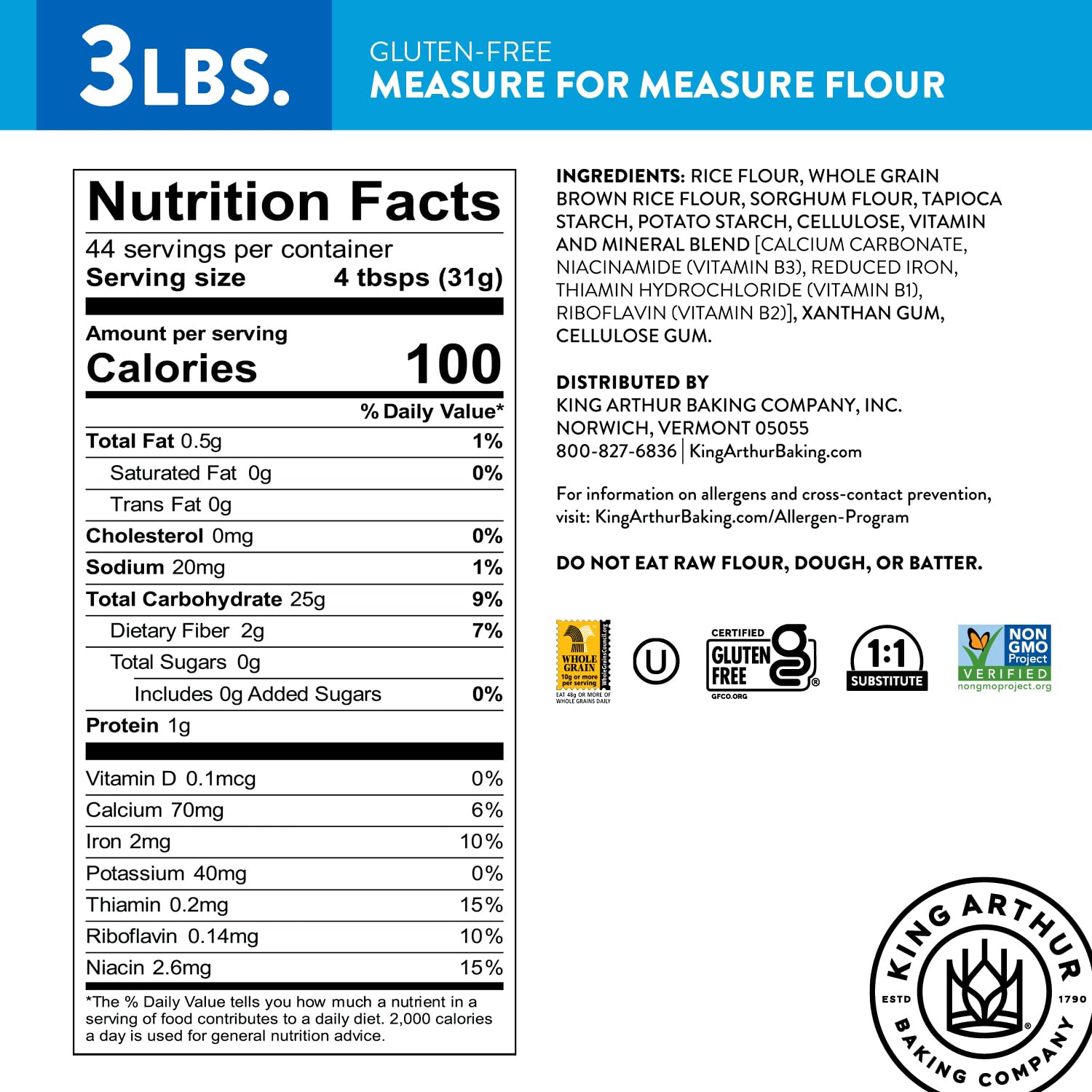 King Arthur Measure for Measure Gluten-Free Flour: All-Purpose 1:1 Substitute for Wheat Flour, Non-GMO, Kosher Certified, 3 lbs Bag for Baking Cookies, Cakes, Muffins