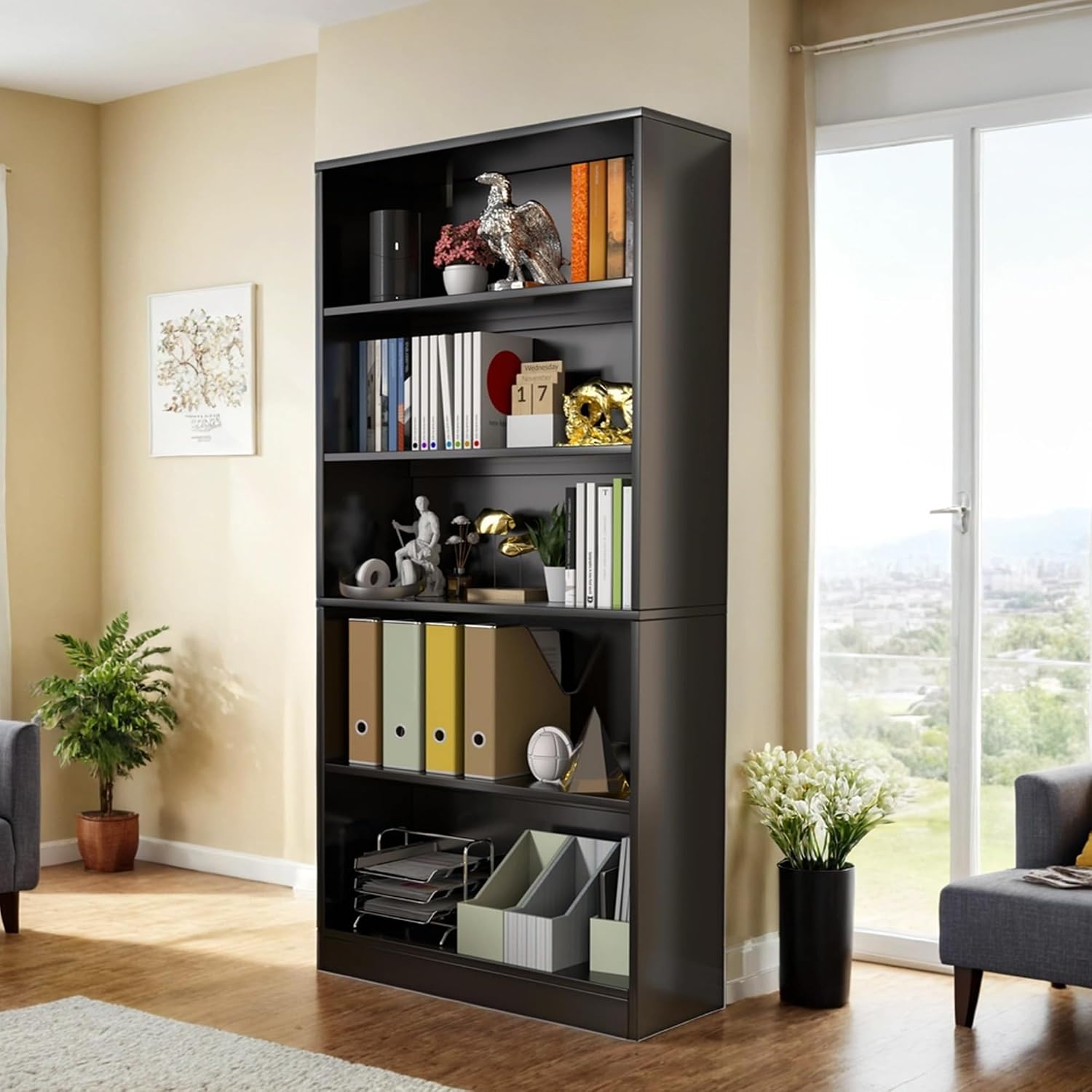 holzart 71" Tall Book Shelf, 5 Tier Large Bookshelf, Standing Wood Display Book Shelf for Living Room, Office, Library with Doors, 31.5" W x 70.87" H x 11.81" D, White