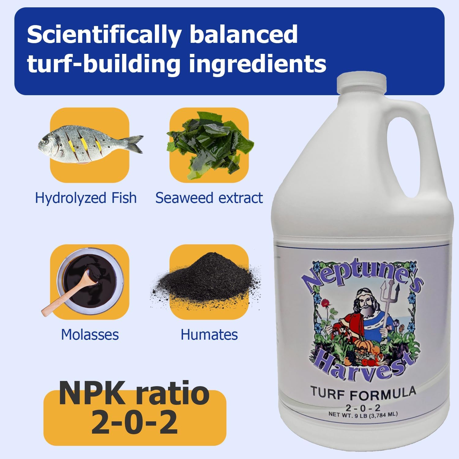 Neptune's Harvest Turf Fertilizer (2-0-2) - 9 LB Bottle - Fish & Seaweed-Based Lawn Food Formula - Organic Liquid Fertilizer for Lawn & Seed - Ideal