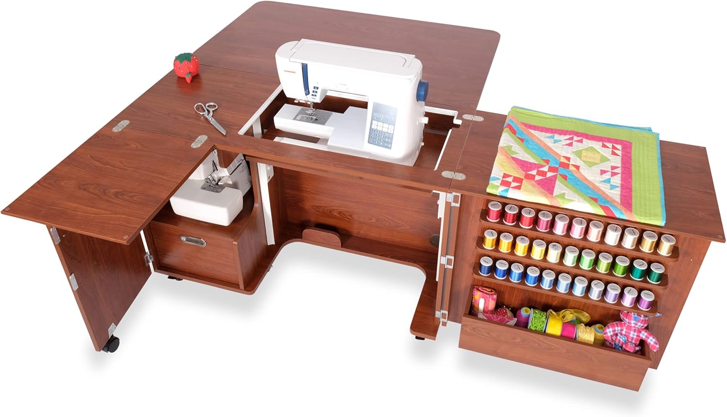 Arrow K8405 Wallaby Kangaroo Sewing, Cutting, Quilting, Crafting Cabinet and Table, Includes Storage and Airlift, Portable with Wheels, Teak Finish