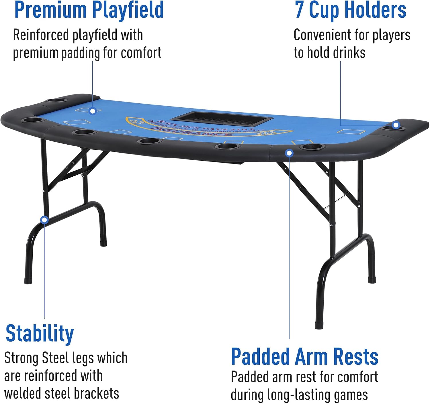 Soozier Poker Table Foldable Blackjack Table for 7 Players 72" Green Felt
