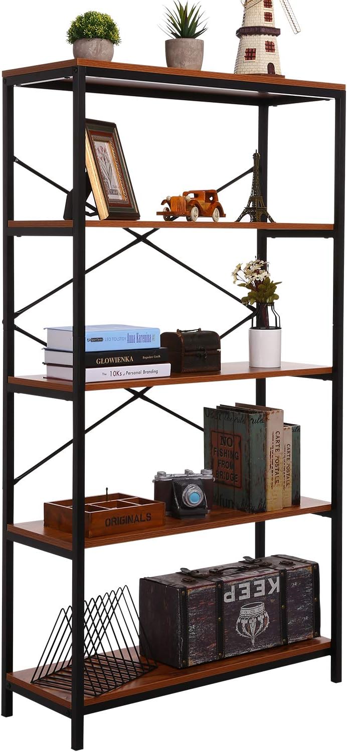 BATHWA Wood and Metal Minimalist 5 Tier Bookshelf, 6 feet Tall Open Rustic Wide Bookcase Industrial Style