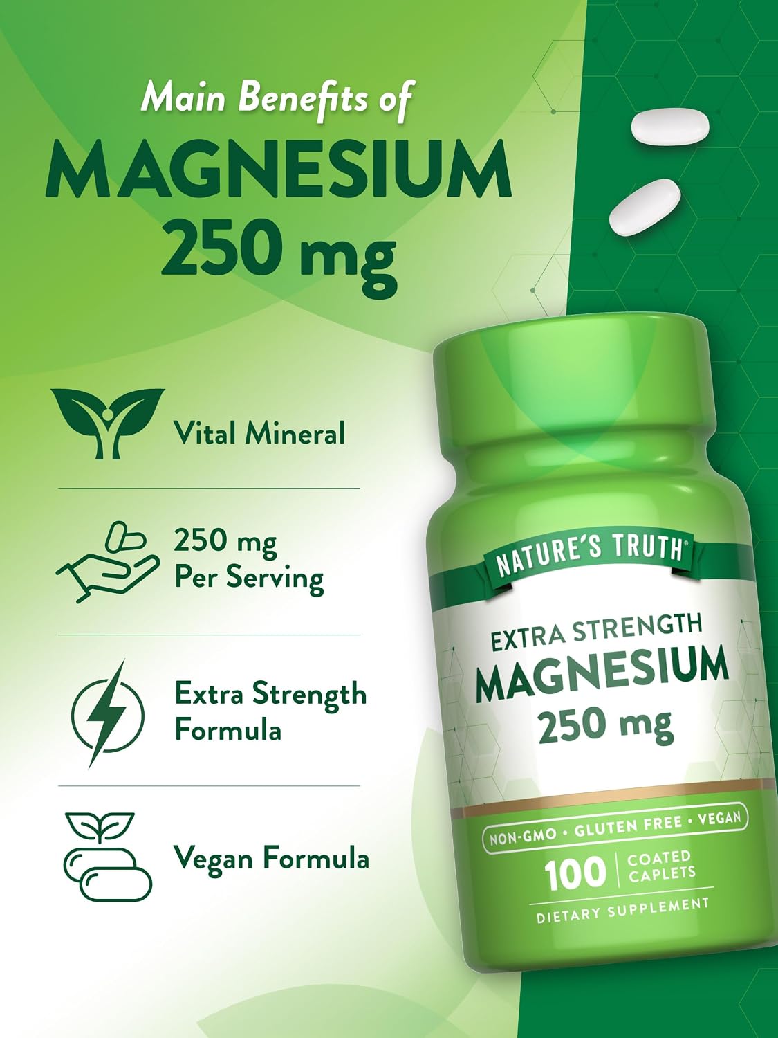 Nature's Truth Magnesium Supplement | 250 mg | 100 Caplets | Vegan, Non-GMO & Gluten Free