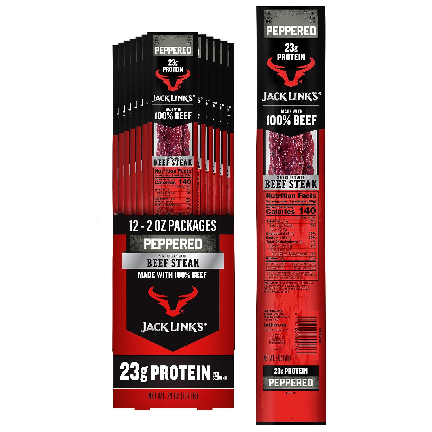 Jack Link's Beef Steak, Original - Protein Snacks, Jerky Meat Snack with 23g of Protein, Made with 100% Beef, Individually Wrapped Bulk Snack Pack, Keto Friendly - 2 Oz. (12 Count)