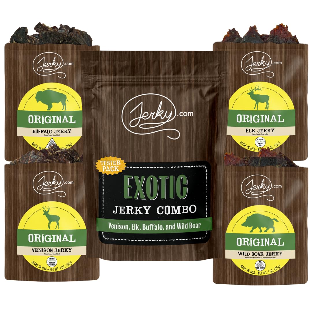 Jerky.com Exotic Jerky Variety Pack | 4pc Wild Game Snacks Sampler with Venison, Elk, Buffalo & Wild Boar | High Protein, Keto, Exotic Jerky Gifts for Men | Gifts for Men & Hunters | Venison, Elk, Buffalo & Wild Boar, High Protein, Keto Friendly, Exotic…