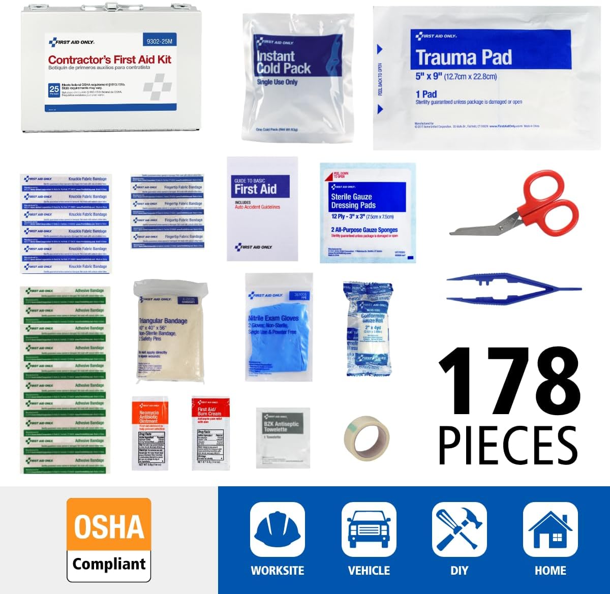 First Aid Only 9302-25M 25-Person Contractor's First Aid Kit for Home Renovation, Job Sites, and Construction Vehicles, 178 Pieces, White