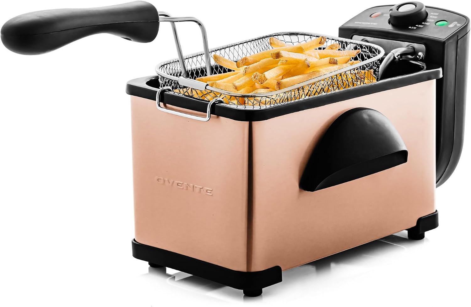 OVENTE Electric Deep Fryer, 0.9L Capacity, 840W, Silver FDM1091BR | Adjustable Temperature Knob, Locking Lid, Removable Frying Basket and Cool Touch Handle, Easy to Clean Stainless Steel Body