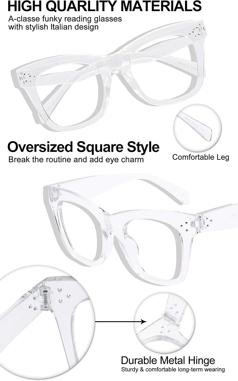 MARE AZZURO Oversized Reading Glasses Women Trendy Large Readers 0 1.0 1.25 1.5 1.75 2.0 2.25 2.5 2.75 3.0 3.5 4.0 5.0 6.0 (Black, 250)