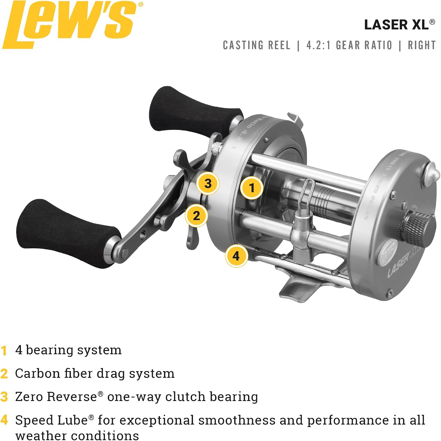 Lew's Laser XL Baitcast Fishing Reel, Right-Hand Retrieve, 4.2:1 Gear Ratio, 4 Bearing System