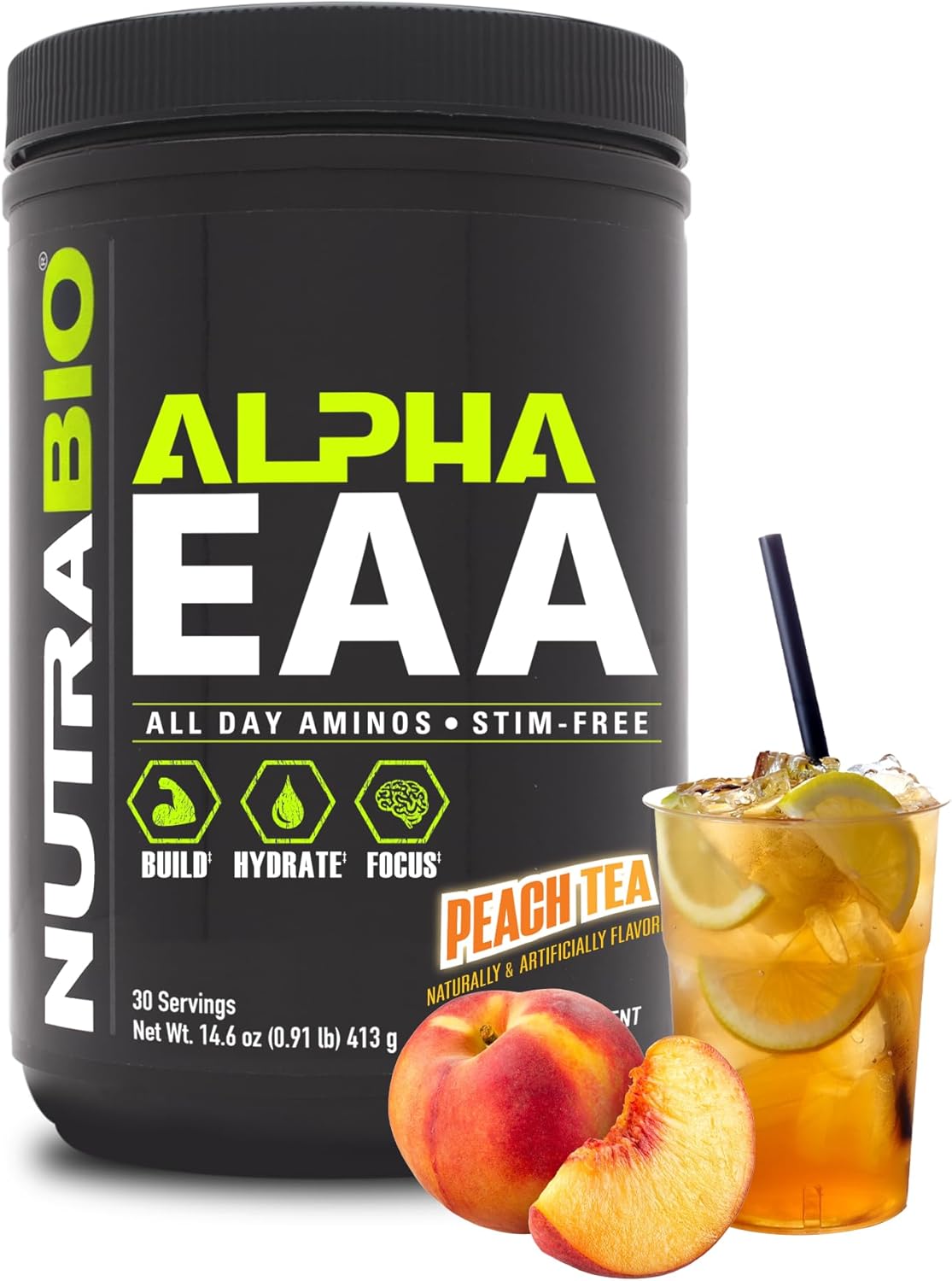NutraBio Alpha EAA - All-Day Amino Acids for Muscle Growth and Hydration - Essential Amino Acids with Nootropics & Adaptogens- Full Spectrum EAA BCAA Powder - 30 Servings - Strawberry Lemon
