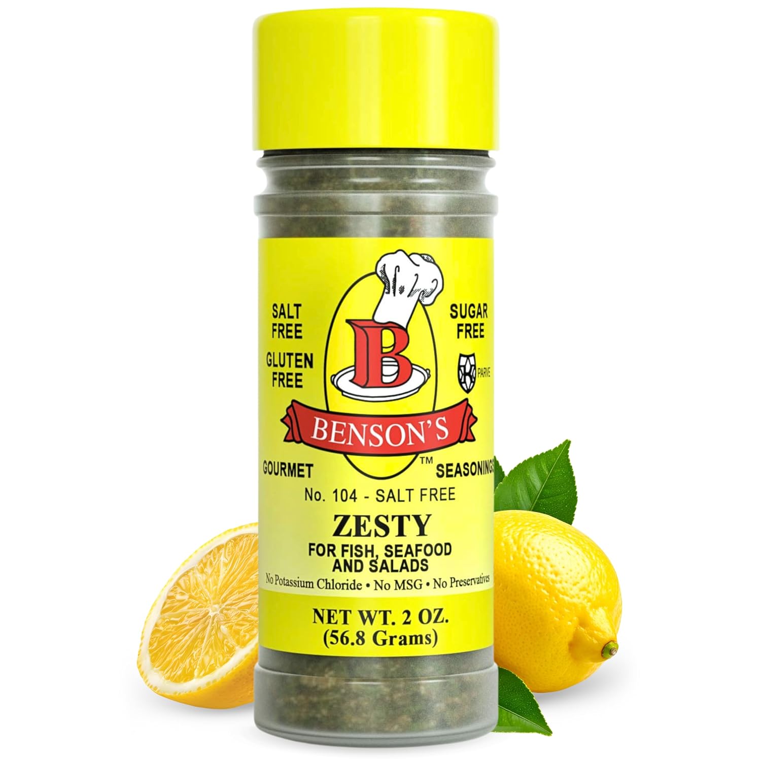 Bensons Zesty Lemon No Salt Seasoning - Sugar-Free, Gluten-Free, No MSG, No Preservatives, No Potassium Chloride - 11 Herb & Spice Salt Substitute Blend, 2 oz Shaker Bottle