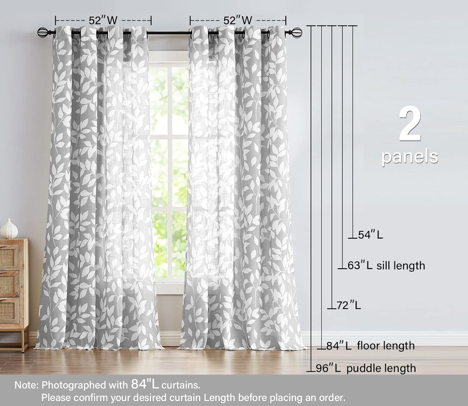 Leaf Semi Sheer Curtains for Bedroom Living Room 52x72" Taupe White Print 2