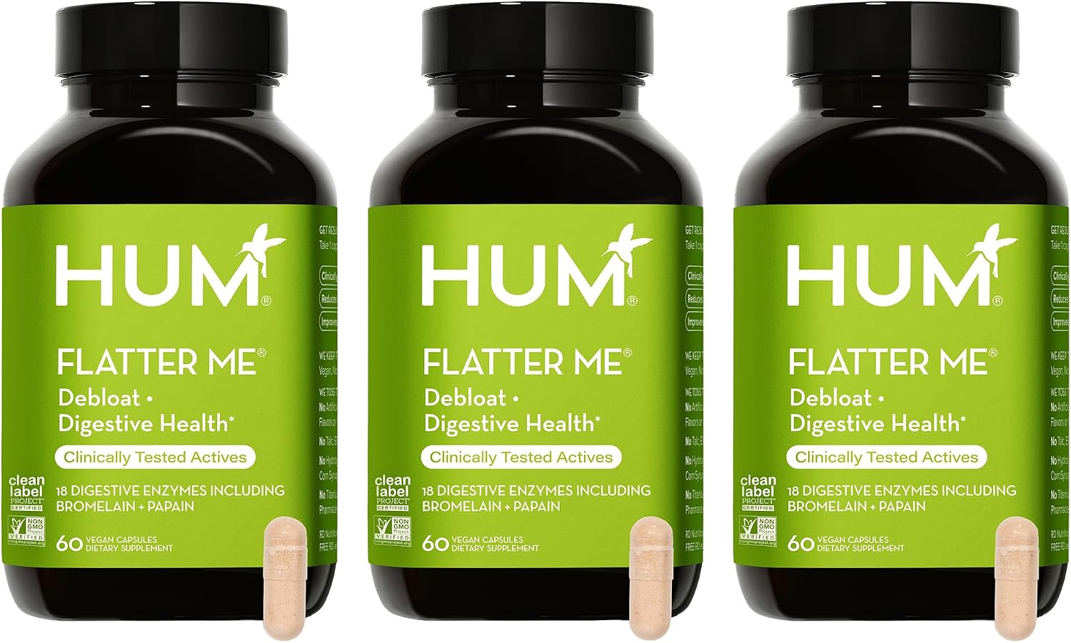 HUM Flatter Me Digestive Enzymes, Digestion & Bloating Support, 60 Count | 18 Digestive Enzymes, Ginger, Peppermint & Fennel, Women & Men, Vegan, Non-GMO, 60 Capsules