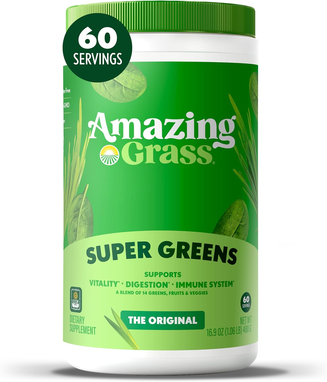Amazing Grass Super Greens Powder Original, 60 Servings, 16.9 oz | Organic Greens Superfood Powder with Spirulina, Beet Root, Probiotics & Digestive Enzymes to Support Digestion
