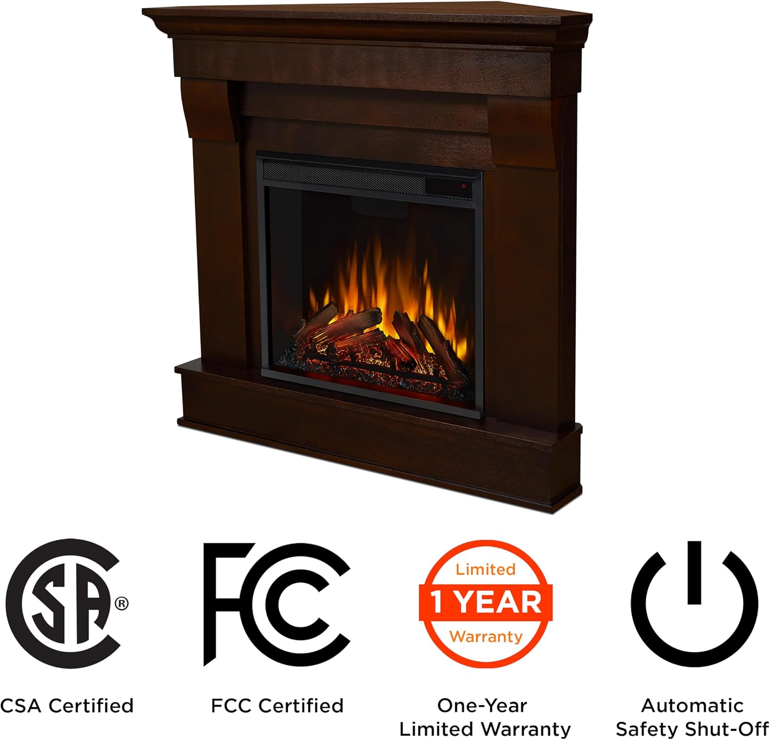 Real Flame Chateau 41" Corner Electric Fireplace with Mantel for Living Room or Bedroom, Replaceable Fireplace Insert Heater, Realistic Log and Flame Effect, Remote Control, Timer.