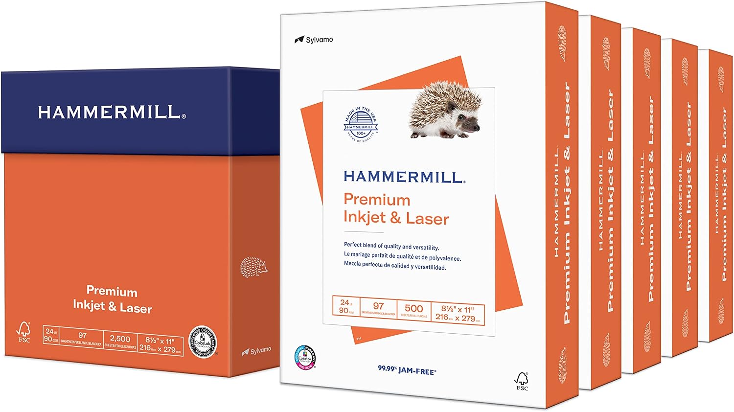 Hammermill Printer Paper, Premium Inkjet & Laser Paper 24 Lb, 8.5 x 11-1 Ream (500 Sheets) - 97 Bright, Made in the USA, 166140R