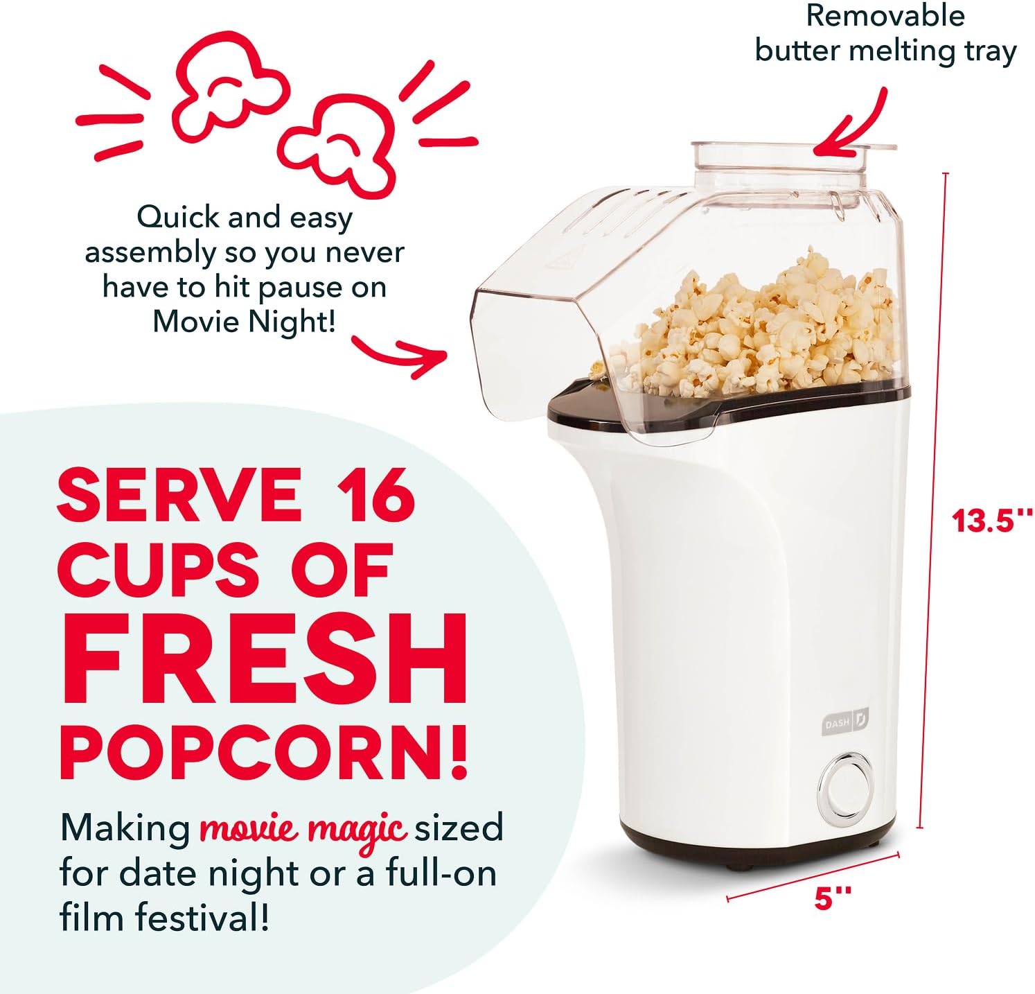 Dash Fresh Pop Popcorn Maker, 16-Cup Hot Air Popper, Aqua | Electric Popcorn Machine, Oil-Free Air Popped Popcorn, Built-In Measuring Cup & Butter Melting Tray, Movie Night Snacks