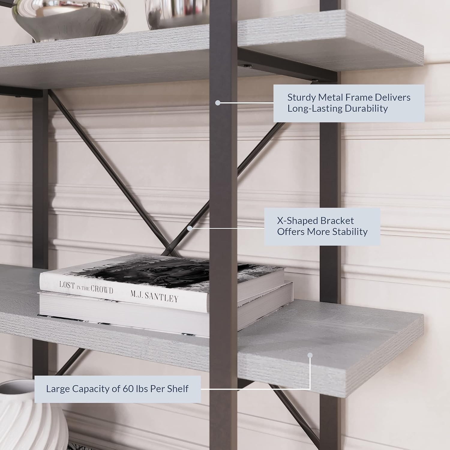 BELLEZE 4 Tier Modern Rustic Industrial Bookshelf, Open Wide Office Etagere Book Shelf
