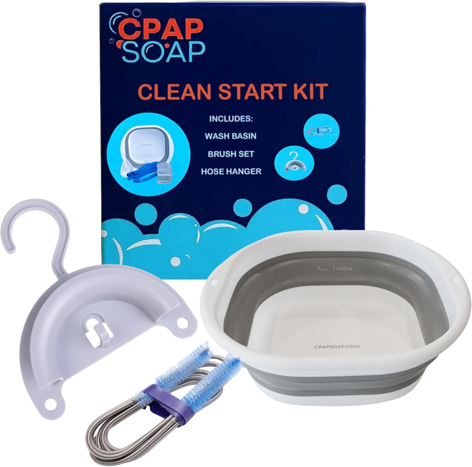 CPAP Cleaning Kit and Supplies for Mask, Hose, and Accessories - 1-Gallon Collapsible Wash Basin, 6ft Brush Set
