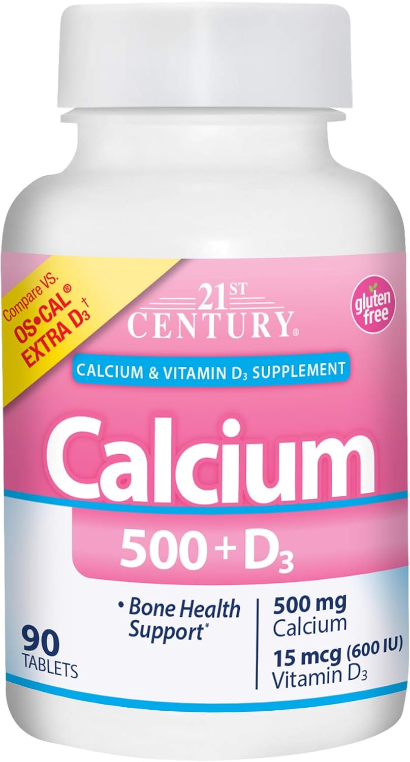 21st Century Calcium Plus Extra D3 Caplets, Bone Health, 90 Count | Calcium 500 mg with Extra Vitamin D3 600 IU, Bone Strength & Density Support